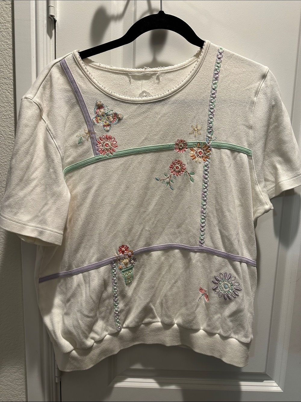 White Short-Sleeve Embroidered Floral Top with Pastel Trim